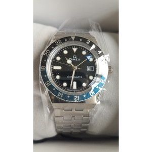 Mens Wristwatch TIMEX Q DIVER GMT TW2V38100 Stainless Steel Black 38MM